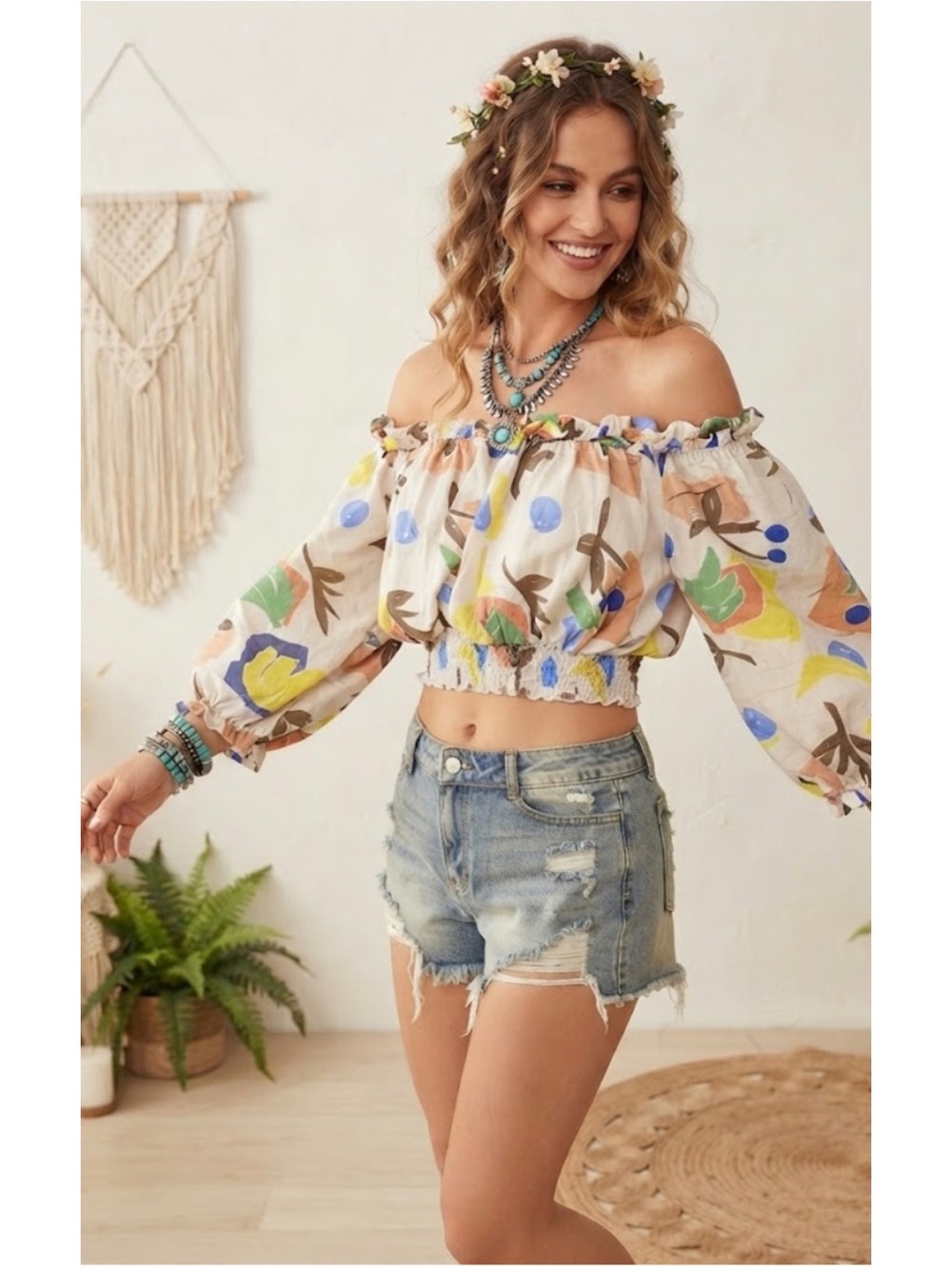 Lush Off The Shoulder Smocked Botanical Print Cropped Blouse